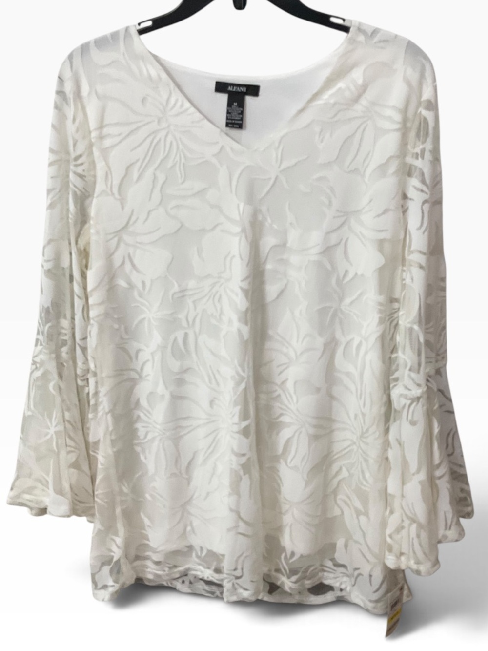 Alfani Women's Cream Floral Burnout V-Neck Blouse Bell Sleeves Size Medium EUC